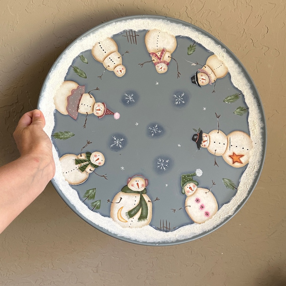 Hand painted snowman on metal tray wall hanging 2011 Christmas winter‎